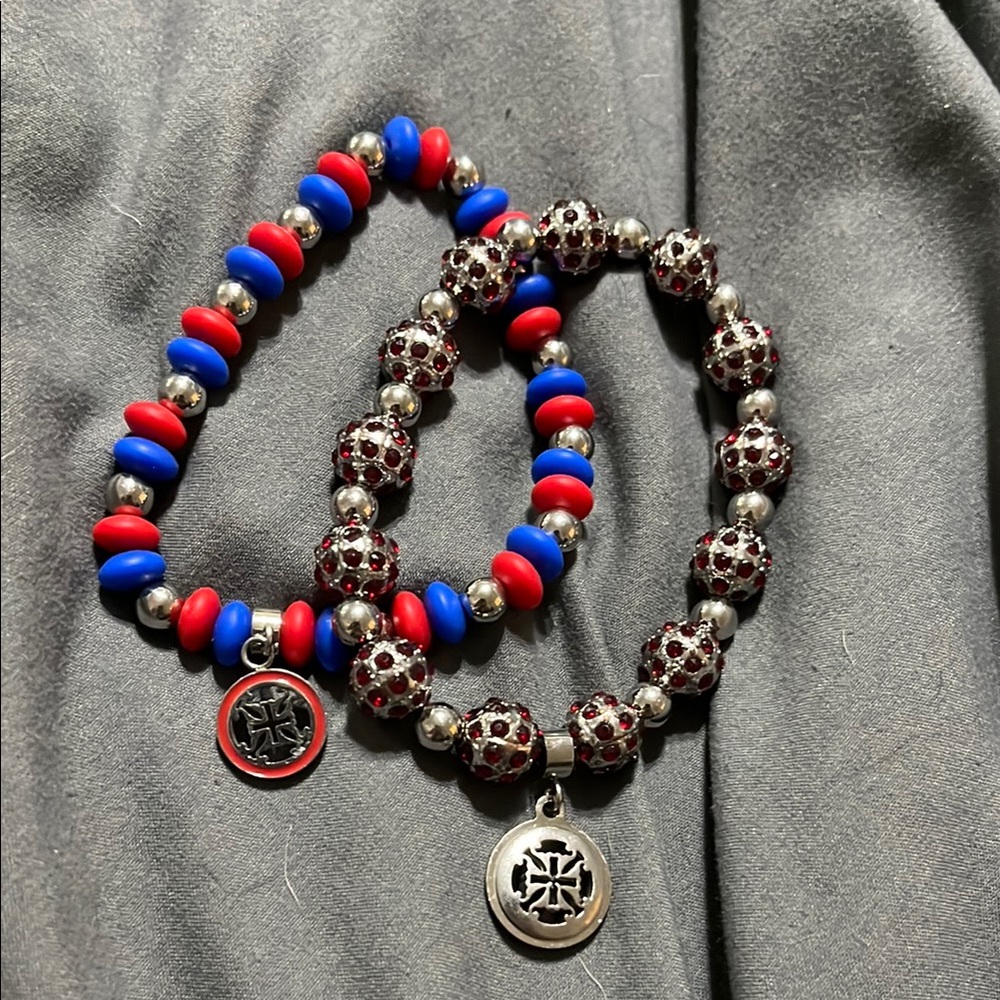 Rustic Cuff Red White and Blue Beaded Bracelets with Charms